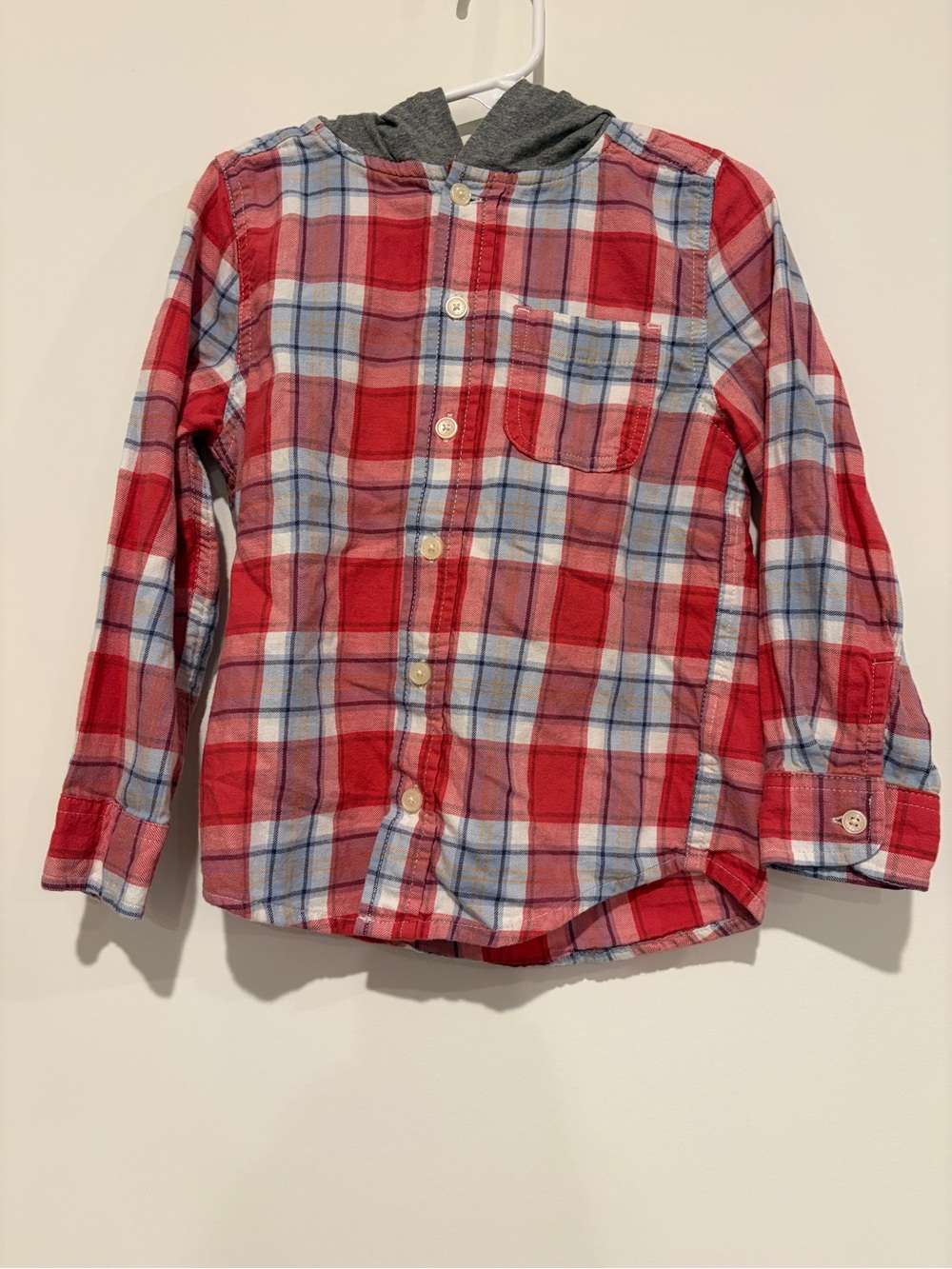 OshKosh B'gosh Size 5T Red Blue White Plaid Flannel Hooded Button Down Shirt